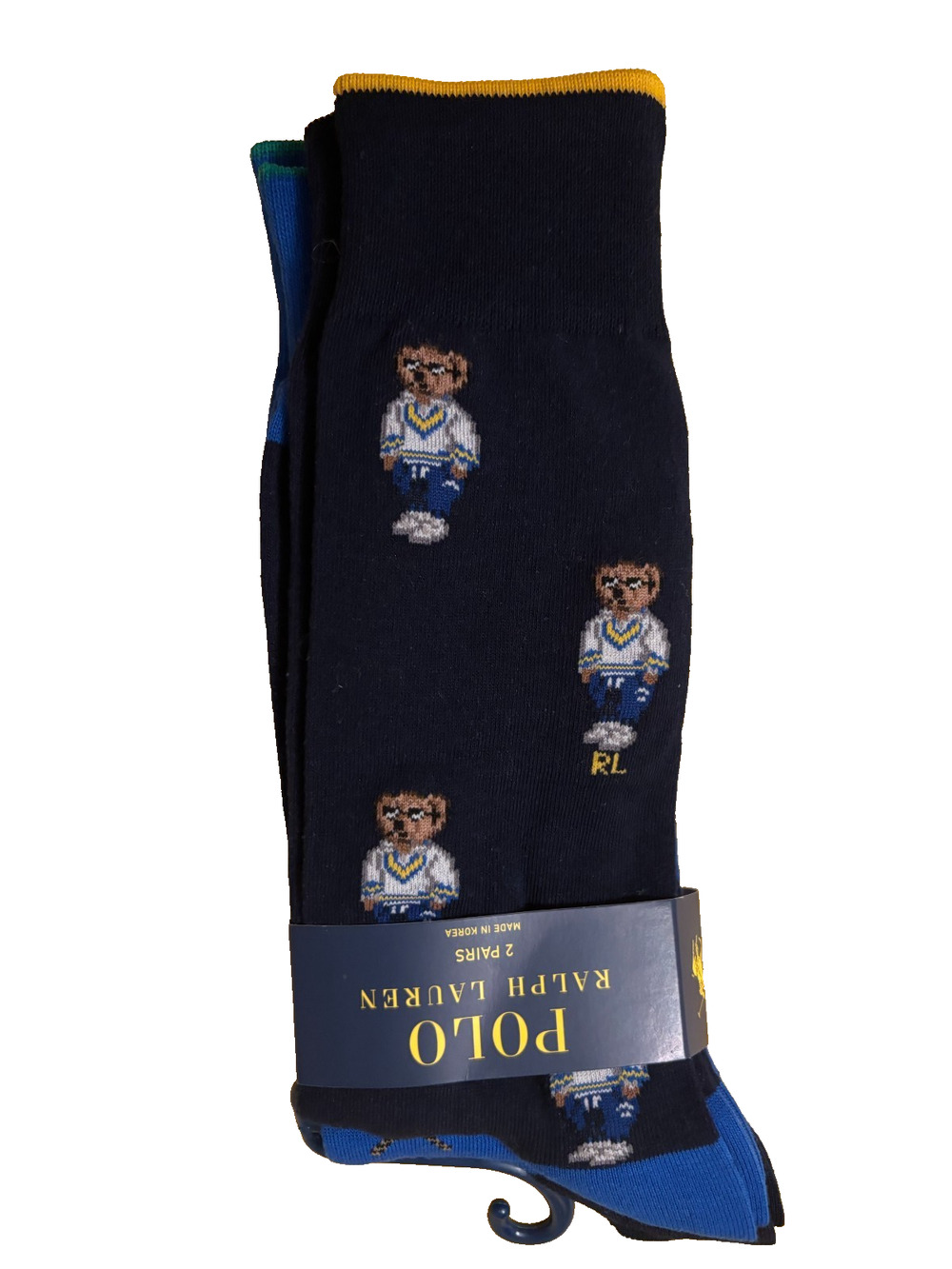 NWT Polo Ralph Lauren Men's 2 Pairs Polo Bear Striped Crew Socks Shoe Size 6-12.